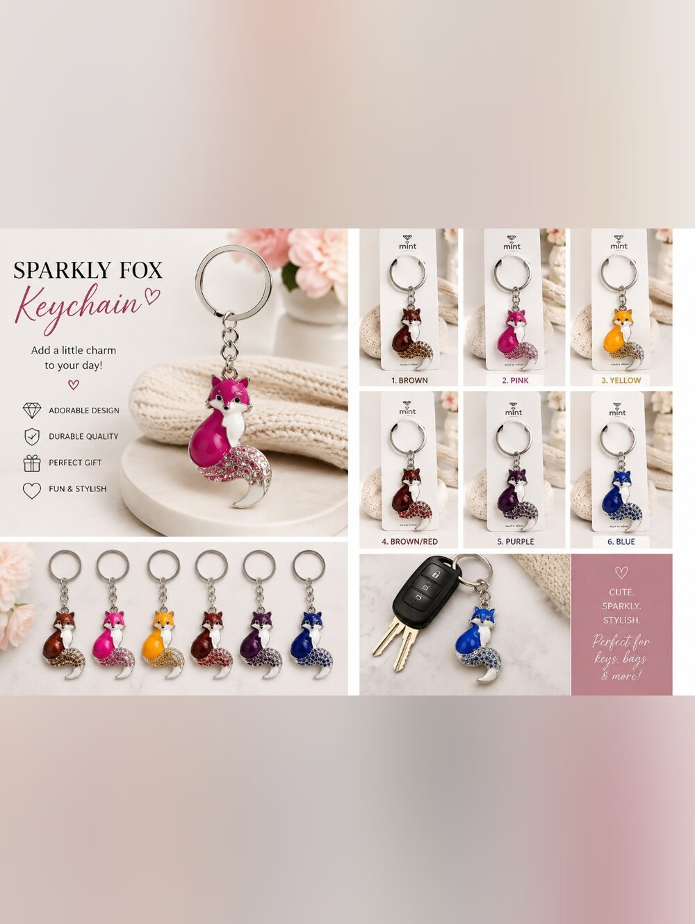 Mint Pink Fox Crystal Keychain